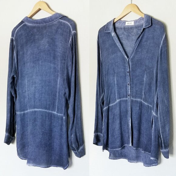 Bella Dahl Blue Distressed Split Side Longline Tunic Button Down Shirt Top L USA - Picture 1 of 15